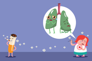 damage lung vector ,illustration, flat cartoon character unhealthy beaten from smoke cigarette and atelectasis.