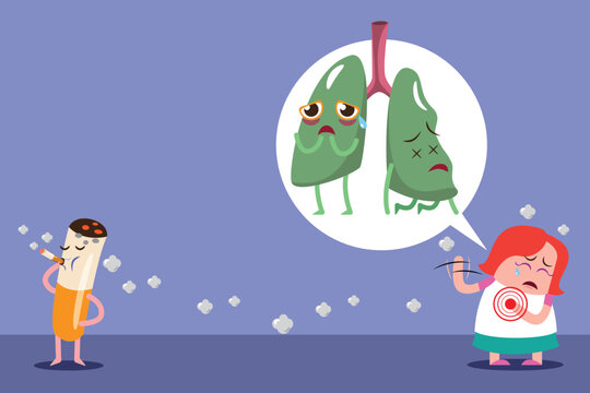 damage lung vector ,illustration, flat cartoon character unhealthy beaten from smoke cigarette and atelectasis.