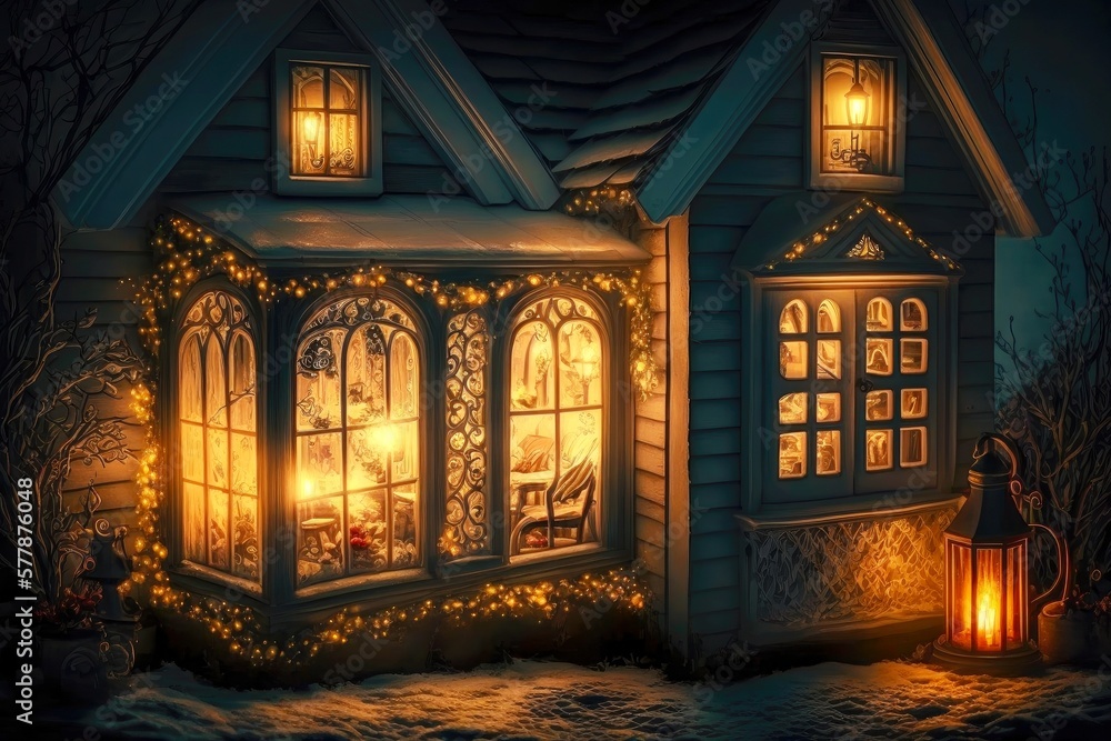 Sticker christmas beautiful decorated house with light christmas lanterns on window, created with generative ai