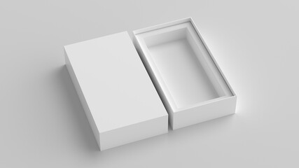 Long open box packaging mockup on white background. Template for your design. 3d illustration