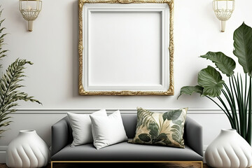 Blank picture frame mockup above sofa on white wall in modern interior. Artwork template mock up in interior design, generative ai, generative, ai