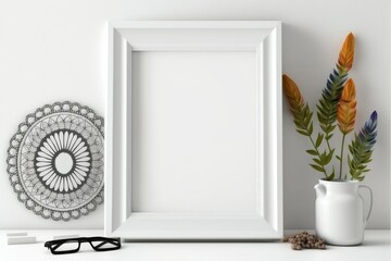 Blank picture frame mockup on white wall in modern interior. Artwork template mock up in interior design, generative ai, generative, ai