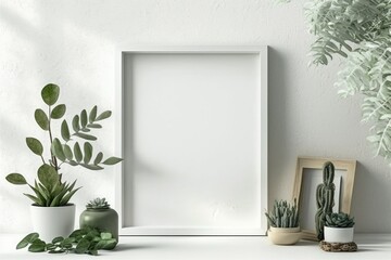 Blank picture frame mockup on white wall in modern interior. Artwork template mock up in interior design, generative ai, generative, ai