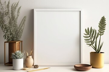 Blank picture frame mockup on white wall in modern interior. Artwork template mock up in interior design, generative ai, generative, ai