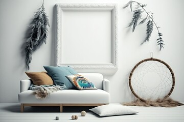 boho living room interior with empty frame mock-up, white walls, generative ai, generative, ai