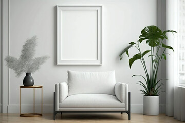 Blank picture frame mockup on white wall. White living room design. View of modern Scandinavian style interior with artwork mock up on wall. Home staging and minimalism, generative ai, generative, ai