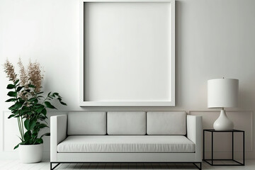 Blank picture frame mockup on white wall. White living room design. View of modern style interior with artwork mock up on wall. Home staging and minimalism concept, generative ai, generative, ai