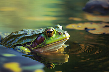 Green frog swimming in the water front view. Generative AI