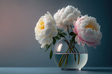 Fresh bouquet of tender white pink peonies flowers in the glass vase on white table with blue background. Generative AI