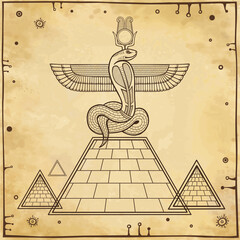 Animation linear drawing: God Apop (Sacred winged Serpent) sits atop the pyramid. Background - imitation old paper. Vector illustration.