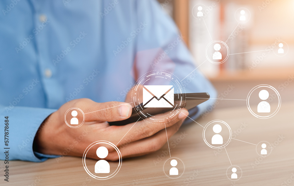 Poster online communication concept. man using smartphone to send email.