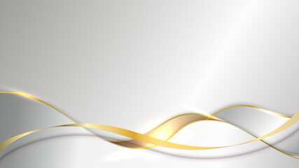 Abstract 3D luxury silver wave form ribbon lines elements with glowing light effect on background.