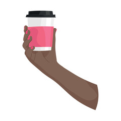 Hand of African-American woman with cup of coffee on white background