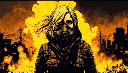 A Female anarchist walking away from a burning city. Generative AI
