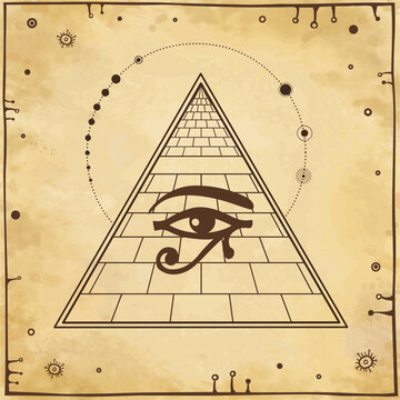Animation monochrome drawing: symbol of  Egyptian pyramid, eye of Horus, Sacred geometry. 
 Background - imitation old paper. Vector illustration.