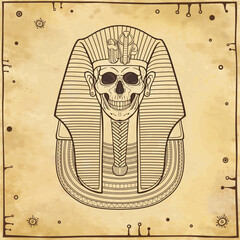 Animation linear portrait: Egyptian  dead man. Pharaoh, king, mummy.  Background - imitation old paper. Vector illustration.