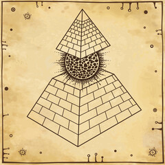 Animation drawing: symbol of  Egyptian pyramid with a separate vertex and burning ball inside.  Egyptian history and mythology. Background - imitation old paper. Vector illustration.