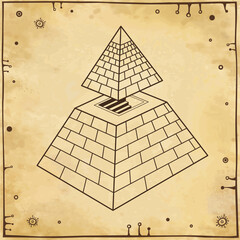 Animation color  drawing: symbol of  Egyptian pyramid with a separate vertex and a staircase inside.  Egyptian history and mythology. Background - imitation old paper. Vector illustration.