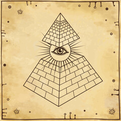 Animation drawing: symbol of  Egyptian pyramid inside a shining sun and an all-seeing eye.  Egyptian history and mythology.  Background - imitation old paper. Vector illustration.