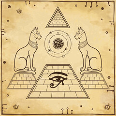 Mystical linear drawing: Sacred cats  goddess Bastet guard the pyramid. Sun Ra emerges from inside the pyramid. Background - imitation old paper. Vector illustration.