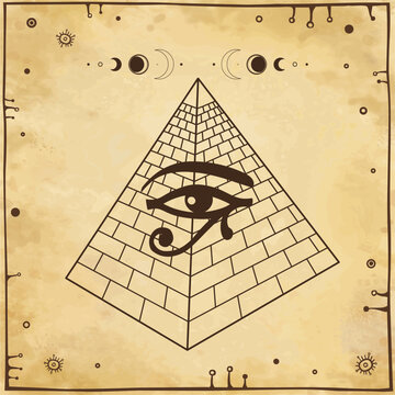 Animation drawing: symbol of  Egyptian pyramid, eye of Horus, moon symbols. Egyptian history and mythology. Background - imitation old paper. Vector illustration.