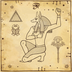 Animation  portrait: Ancient Egyptian god Anubis. God of death and afterworld. View profile.  
Background - imitation old paper. Vector illustration.