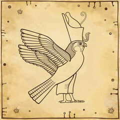 Animation drawing:  sacred Egyptian Falcon bird in crown. God Horus - deity of heaven and sun. View profile. Background - imitation old paper. Vector illustration.