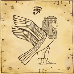 Animation portrait: mystical goddess of ancient Egypt with head of a woman and body of a falcon. All-seeing eye of the god Horus. View profile. Background - imitation old paper. Vector illustration.