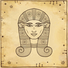 Animation linear portrait: beautiful Egyptian Goddess Hathor with cow ears. Deity of heaven, joy, love and beauty. Background - imitation old paper. Vector illustration.