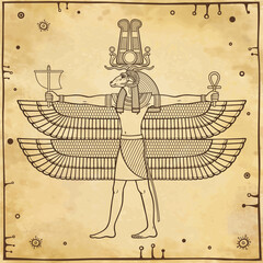 Animation portrait: Ancient Egyptian god Khnum with the head of a ram and many wings holds magical symbols. View profile. Full growth. Background - imitation old paper. Vector illustration.