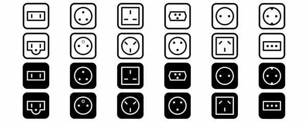 Electrical socket types vector icon set isolated on white background