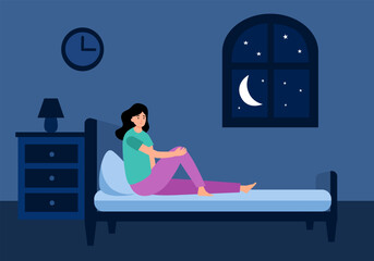 Sleepless woman suffering from insomnia. Female with open eyes in darkness night sitting on bed concept vector illustration.