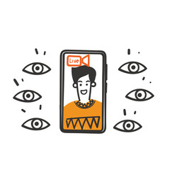 hand drawn doodle person live on mobile phone with many eyes watching illustration
