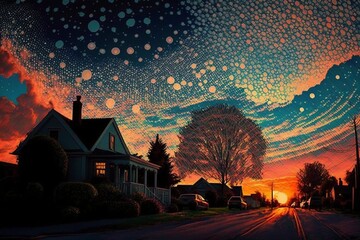 A tranquil, countryside home set against a gorgeous sunset sky. Generative AI