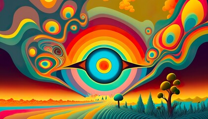 Fototapeta na wymiar Surreal, abstract, psychedelic, landscape design, with rainbow over an evil eye sun or moon, over a path with trees (generative ai)