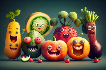 Fototapeta na wymiar Happy cartoon fruit and vegetables with jolly smiling faces in bright colours. Generative AI.