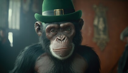 Beautiful Saint Patrick's Day Parade Celebrating Cute Creatures and Nature: Animal Chimpanzee Cinematic in Festive Green Attire Celebration of Irish Culture and Happiness (generative AI)