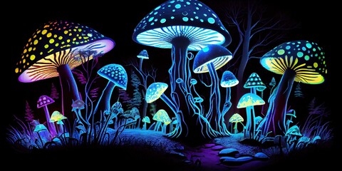 Black light mushroom forest - colorful and magical enchanted fungus