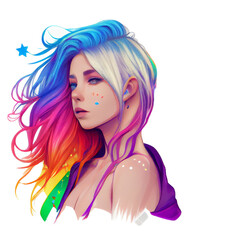 Woman activist for lgbtq rights with rainbow flag, cartoon, transgenders, homosexual, queers diverse people of gay and lesbian community, by generative AI