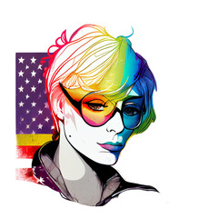 Woman activist for lgbtq rights with rainbow flag, cartoon, transgenders, homosexual, queers diverse people of gay and lesbian community, by generative AI