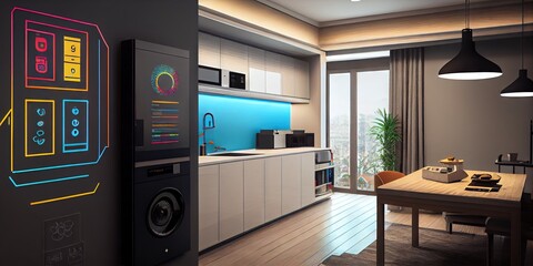 Modern smart home kitchen - connected internet of things (IoT) technology concept design. Generative AI