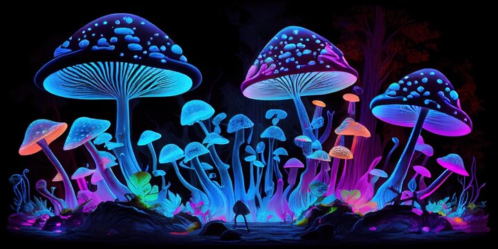 Blacklight mushroom forest - colorful and magical enchanted fungus