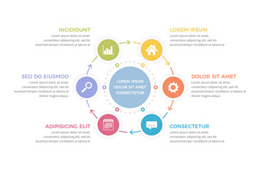 Circle diagram template with six steps or options, process infographics