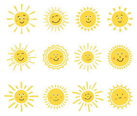 Cute hand drawn smiling suns on white background