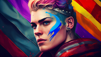 Obraz premium Woman activist for lgbtq rights with rainbow flag, cartoon, transgenders, homosexual, queers diverse people of gay and lesbian community, by generative AI