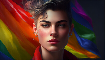 Obraz premium Woman activist for lgbtq rights with rainbow flag, cartoon, transgenders, homosexual, queers diverse people of gay and lesbian community, by generative AI