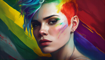 Obraz premium Woman activist for lgbtq rights with rainbow flag, cartoon, transgenders, homosexual, queers diverse people of gay and lesbian community, by generative AI