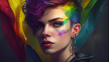 Fototapeta premium Woman activist for lgbtq rights with rainbow flag, cartoon, transgenders, homosexual, queers diverse people of gay and lesbian community, by generative AI
