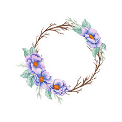 Watercolor blue flowers and leaves frame