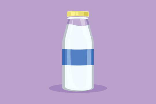 Graphic flat design drawing fresh milk on bottle glass packaging healthy drink product. Fresh milk for health food nutrition. For flyer, sticker, card, logo, symbol. Cartoon style vector illustration
